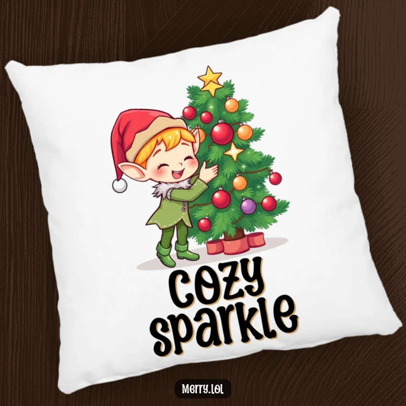 Funny Pillow featuring a cute elf character gleefully decorating a Christmas tree with sparkling ornaments and cozy holiday charm.