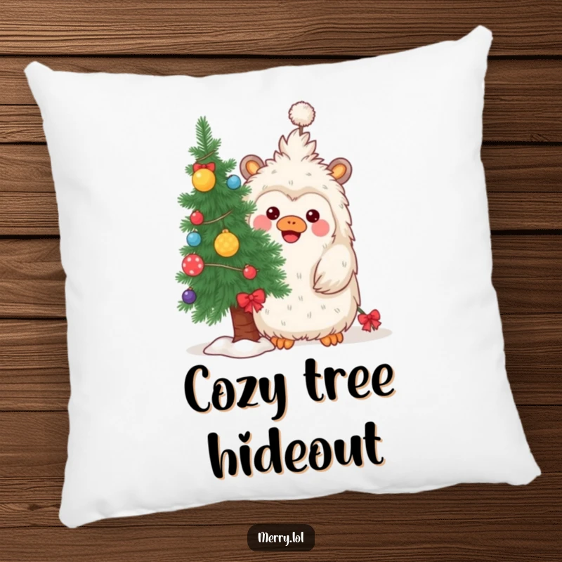 Funny pillow with a playful yeti hiding behind a Christmas tree, adding humorous holiday comfort.