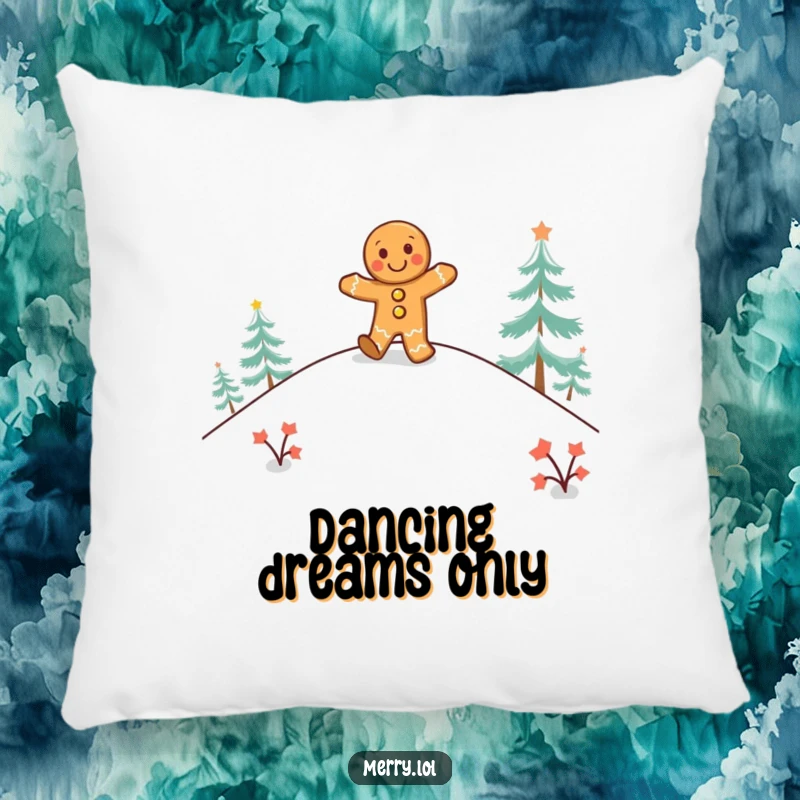 Funny gingerbread man pillow showing a happy character doing a jig on a snowy hill, perfect for cozy holiday nights.