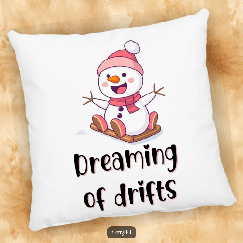 Funny Snowman Pillow featuring a smiling character sliding down a snowy hill, offering plush comfort and a humorous touch to any living space.
