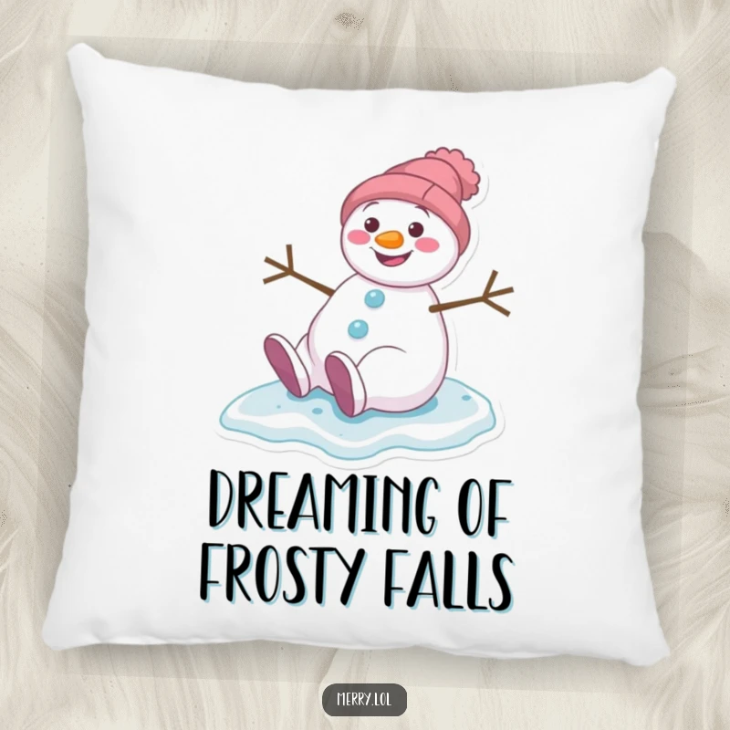 Funny pillow featuring a grinning snowman character in a comical slip on ice, perfect for adding humor to any room.
