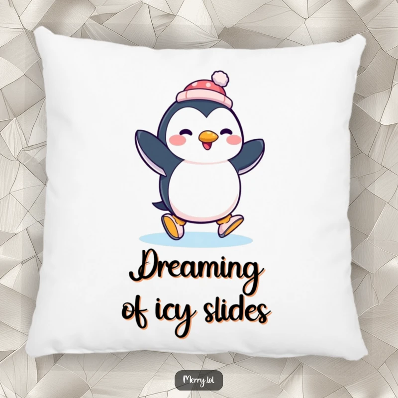Funny penguin ice skating with a tiny hat, featured on a soft pillow, offering comfort and a humorous visual.