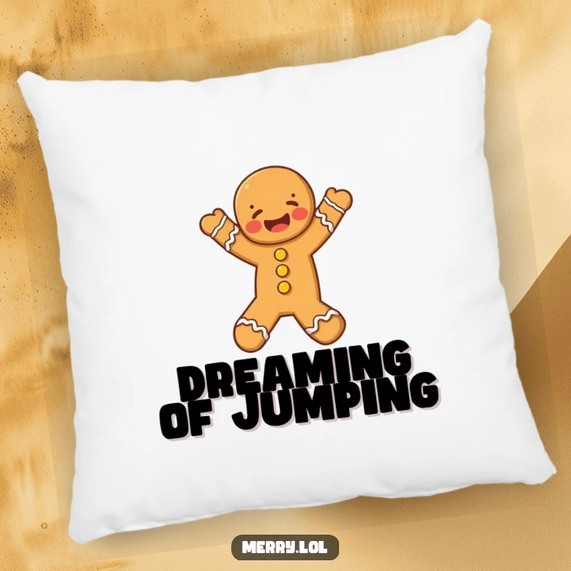 Funny Gingerbread Man Pillow featuring a happy character mid-leap, adding a touch of comfort and cheer.