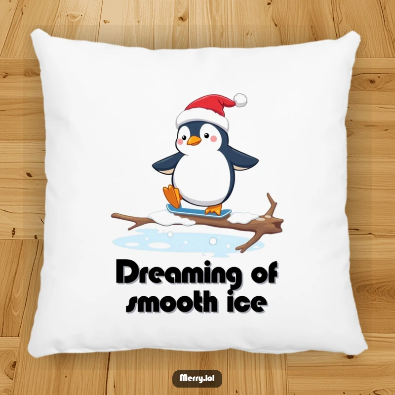 Funny pillow with a penguin in a Santa hat struggling to ice skate on a slippery branch, offering comfort and humor.