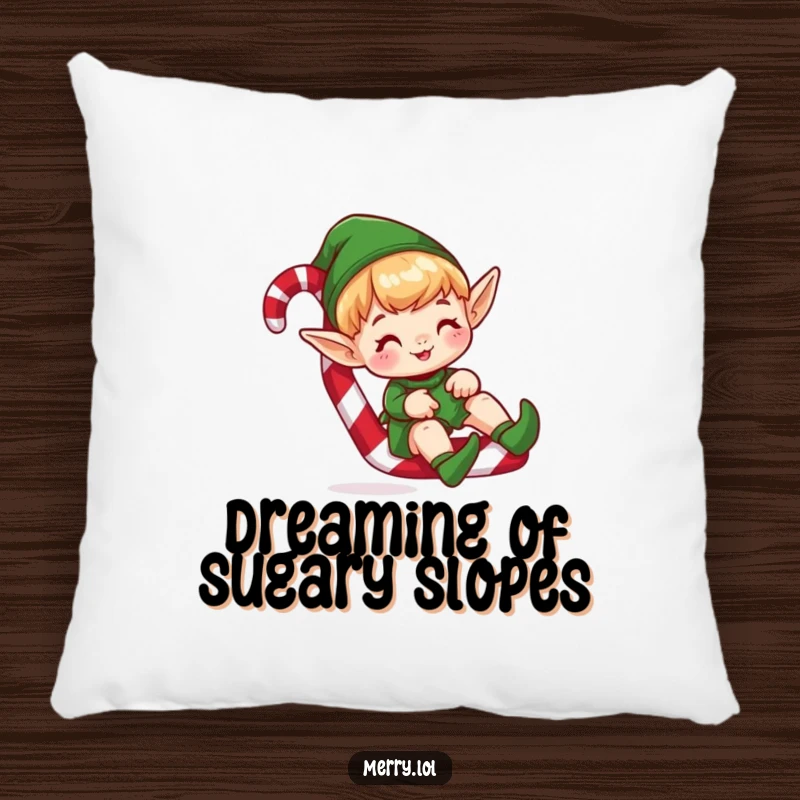 Funny pillow featuring a cute elf character hilariously sliding down a candy cane, perfect for adding holiday cheer.