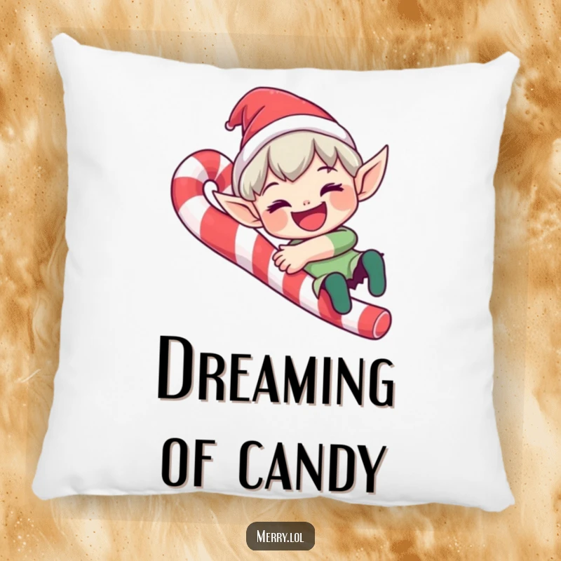 Funny elf character pillow sliding down a candy cane with a wide grin, providing soft, humorous comfort and a great funny gift.