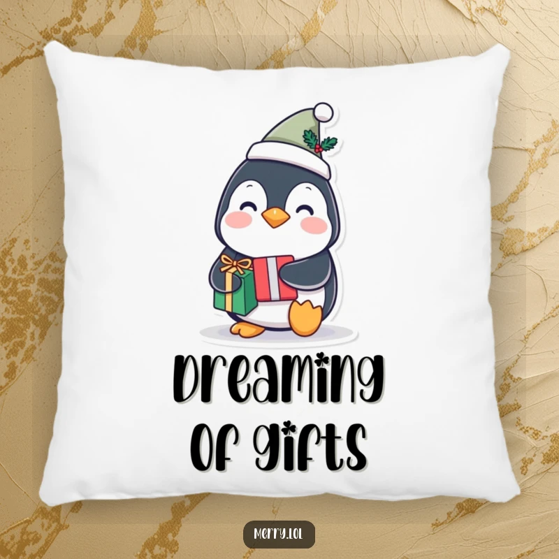 Funny penguin character pillow wearing a tiny festive hat and holding a gift, providing soft, humorous comfort and a great funny gift.