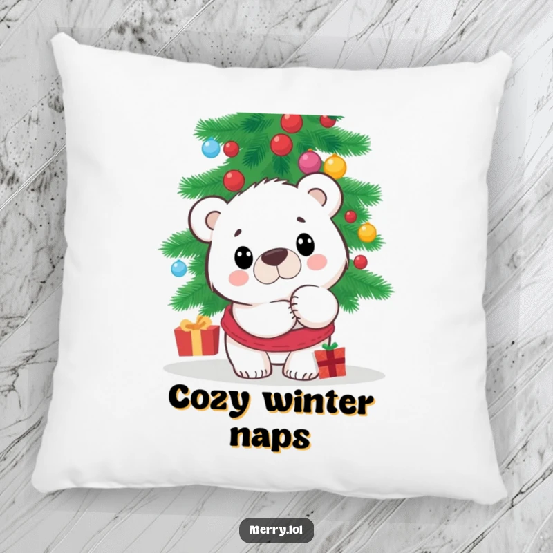 Funny Polar Bear Pillow featuring a surprised character peeking from behind a Christmas tree, offering plush comfort and a humorous touch to any festive living space.