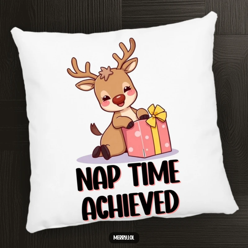 Funny pillow: A giggling reindeer with sparkly antlers trips over a present, offering a cozy and comical element to home decor.