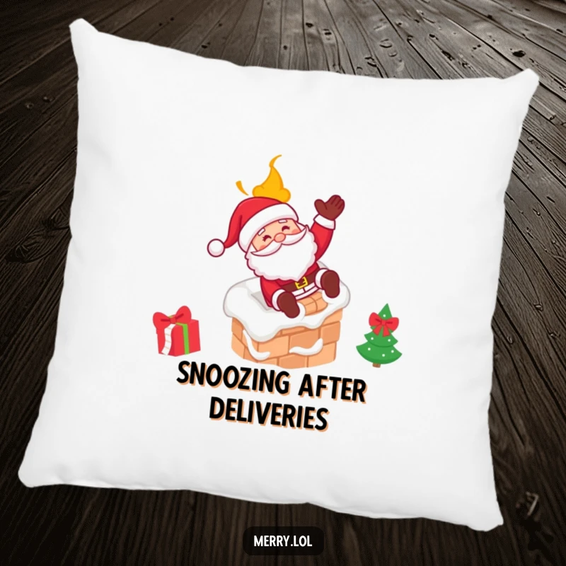 Funny Santa pillow showing Santa joyfully sliding down a chimney with a merry wink, perfect for festive home decor.