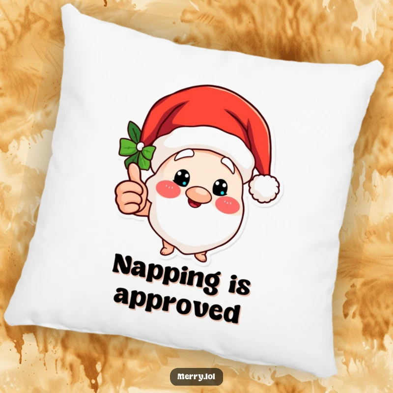 Funny pillow with a Merry Santa hat character giving a jolly thumbs up, bringing humorous holiday comfort.