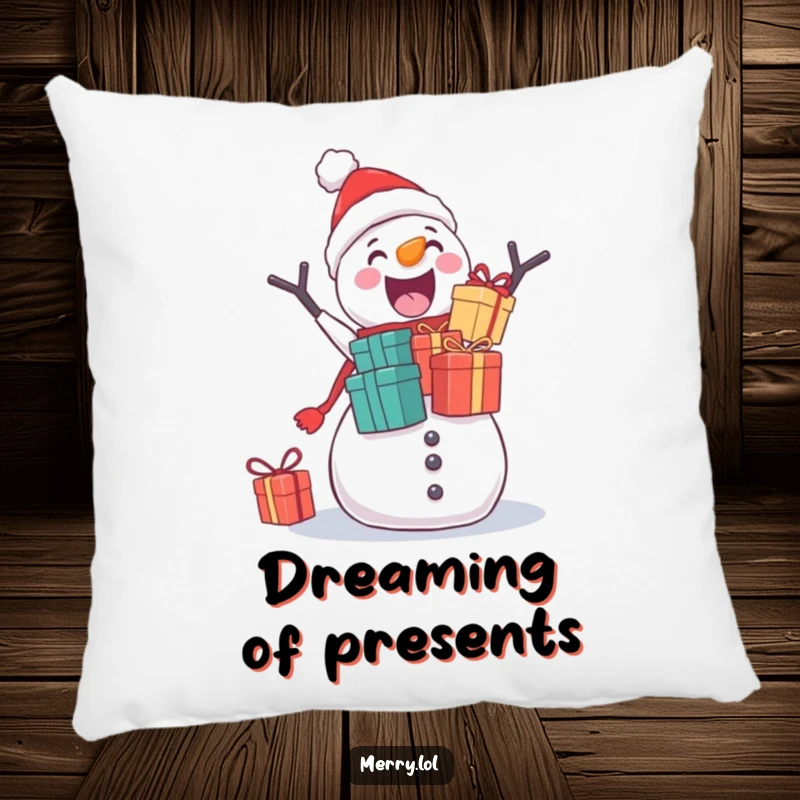 Funny pillow with a cheerful snowman precariously balancing a pile of Christmas gifts, bringing humor to home decor.