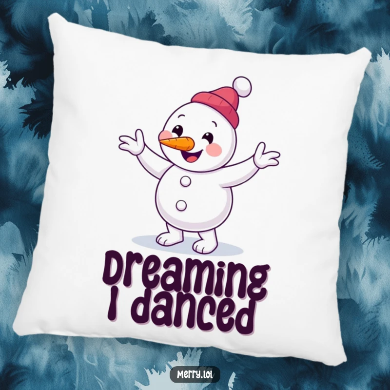 Funny snowman character pillow performing a clumsy jig with a carrot nose, providing soft, humorous comfort and a great funny gift.