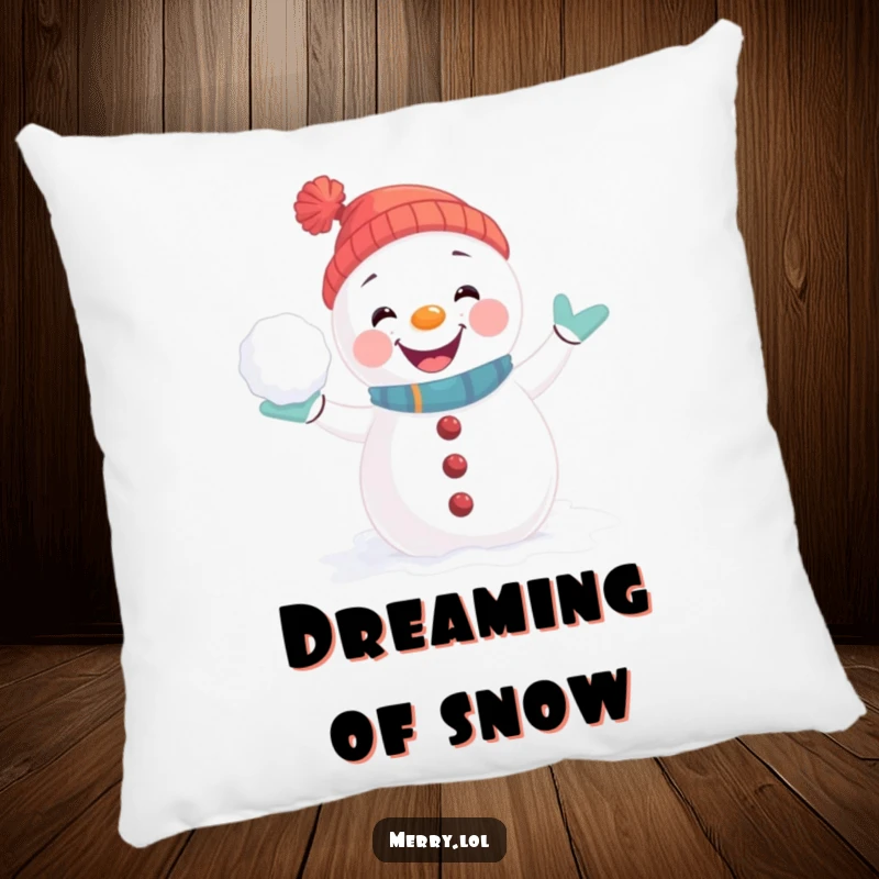 Funny Pillow featuring a playful snowman character in a joyful pose, ready for a snowball fight, perfect for cozy spaces.