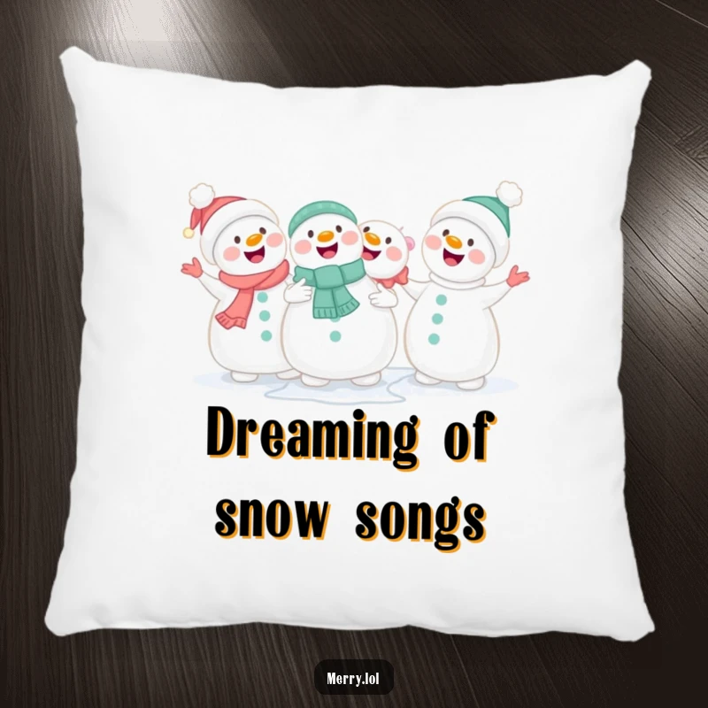 Funny cute snowmen holding hands and singing happily on a pillow, offering comfy winter cheer.
