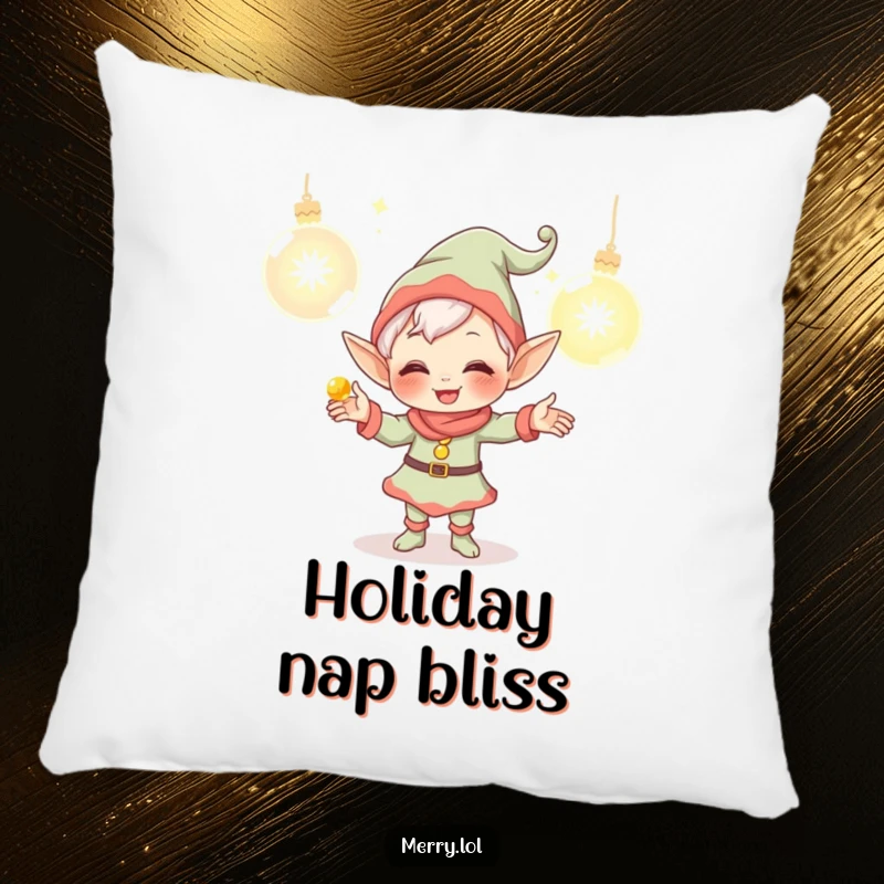 Funny Elf Pillow featuring a giggling character juggling glowing ornaments, offering plush comfort and a humorous touch to any festive living space.