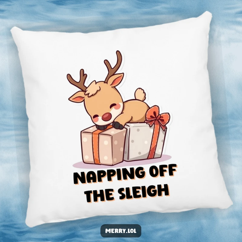 Funny pillow featuring a playful reindeer character hilariously tripping over a gift, perfect for adding holiday cheer.