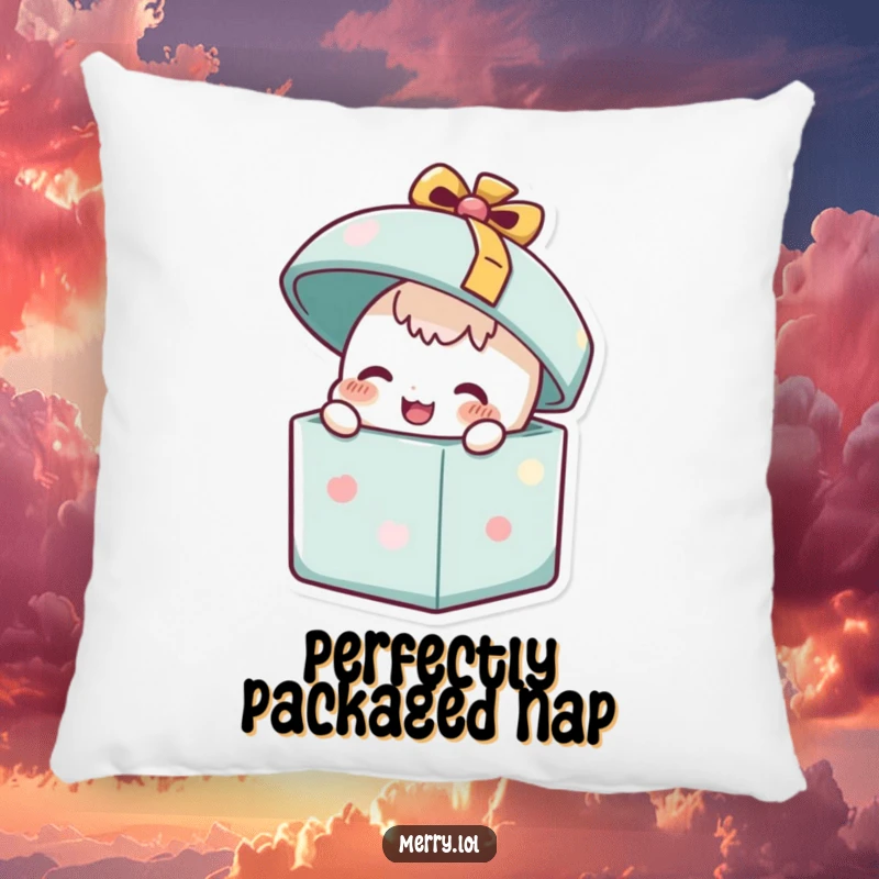 Funny Happy Present Pillow: A happy gift box character popping its lid open. Soft, comfortable, and full of celebratory spirit.