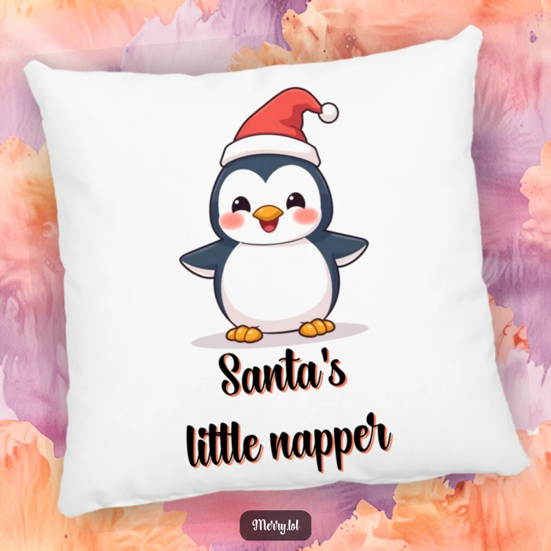 Funny Penguin Santa Hat Pillow: A happy penguin character with a festive Santa hat, offering cozy holiday vibes. Soft and cute.