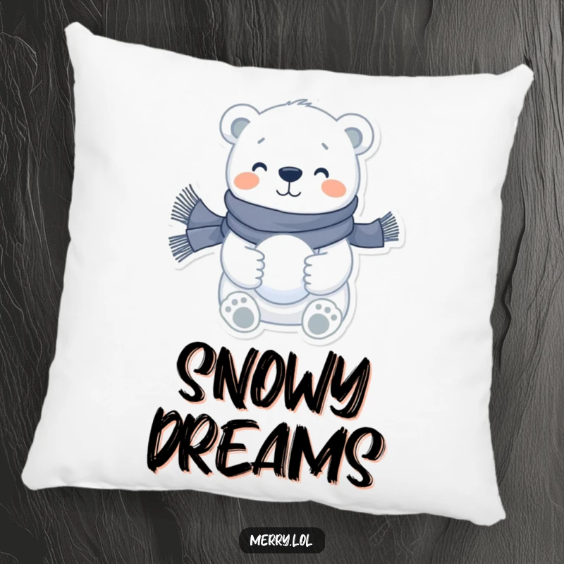 Soft, funny polar bear pillow featuring a happy character in a scarf holding a snowball, perfect for comfort and winter charm.