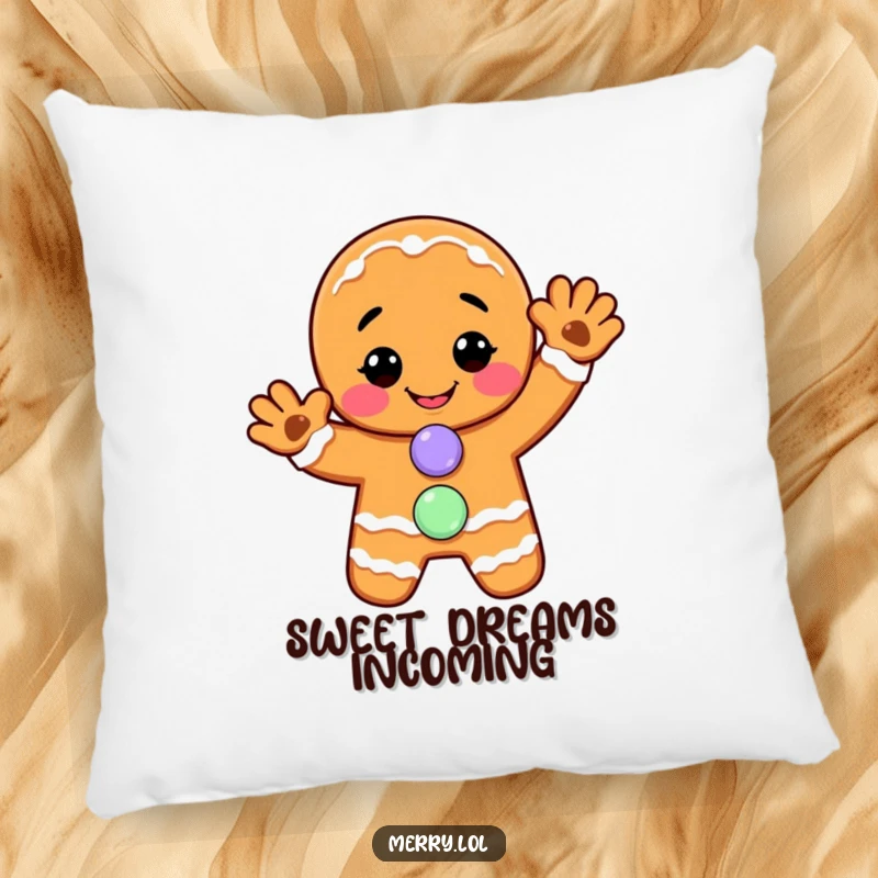 Funny pillow: A smiling gingerbread man offers a cheerful wave, his candy button accentuating his sweet and welcoming holiday presence.