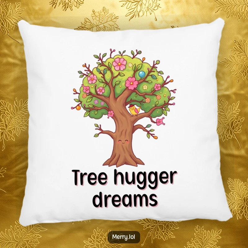 Funny Decorated Tree Pillow featuring a festive character wiggling its branches, perfect for holiday snuggles.