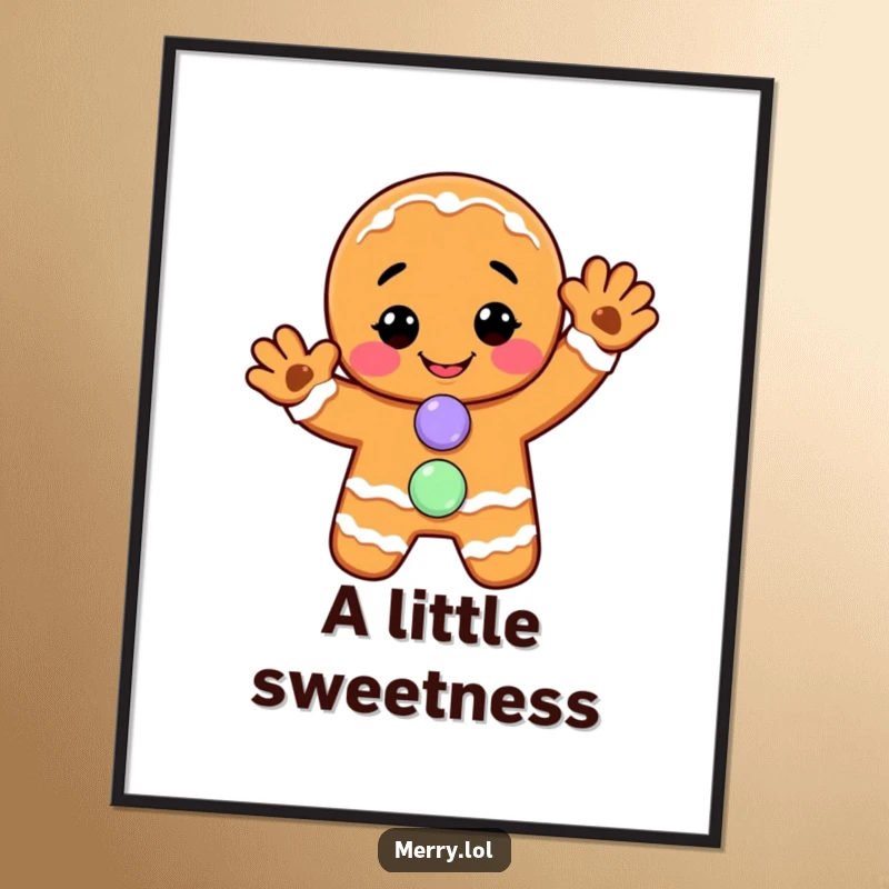 Funny digital art: A smiling gingerbread man waves hello, his candy button accentuating his cheerful and sweet holiday greeting.
