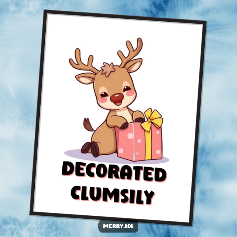 Funny digital art: A giggling reindeer with sparkly antlers trips over a present, capturing festive clumsiness in a downloadable format.