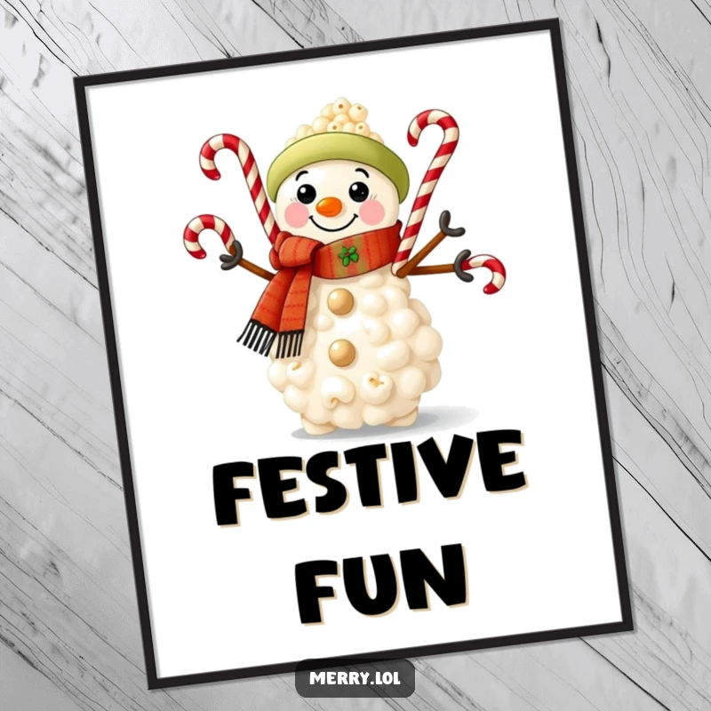 Funny digital art print of a popcorn snowman in a festive scarf, juggling candy canes, radiating whimsical holiday spirit.