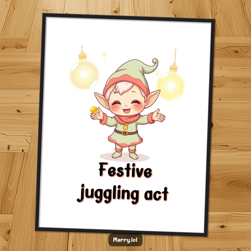 Funny Elf Digital Art Print showcasing a giggling character juggling glowing ornaments, an instant downloadable decoration for holiday-themed rooms and festive spaces.
