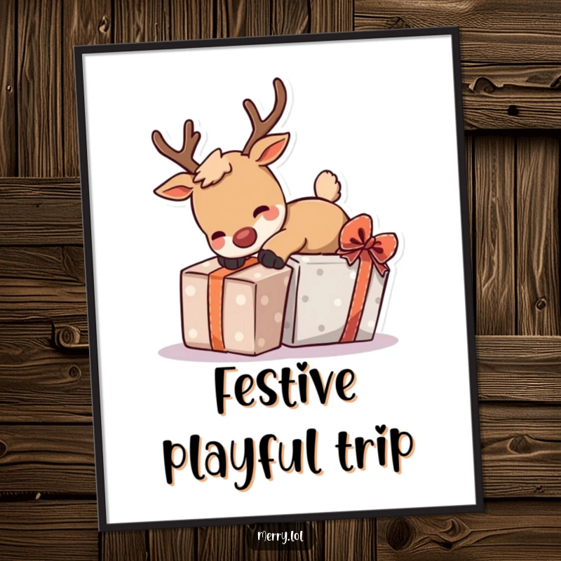 Funny digital art print of a playful reindeer character tripping over a gift, perfect for instant, humorous holiday decor.