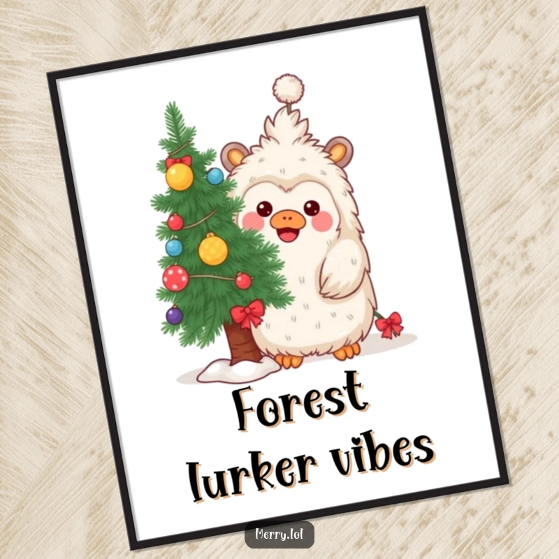 Funny digital art print of a playful yeti peeking from behind a decorated Christmas tree, evoking holiday magic.