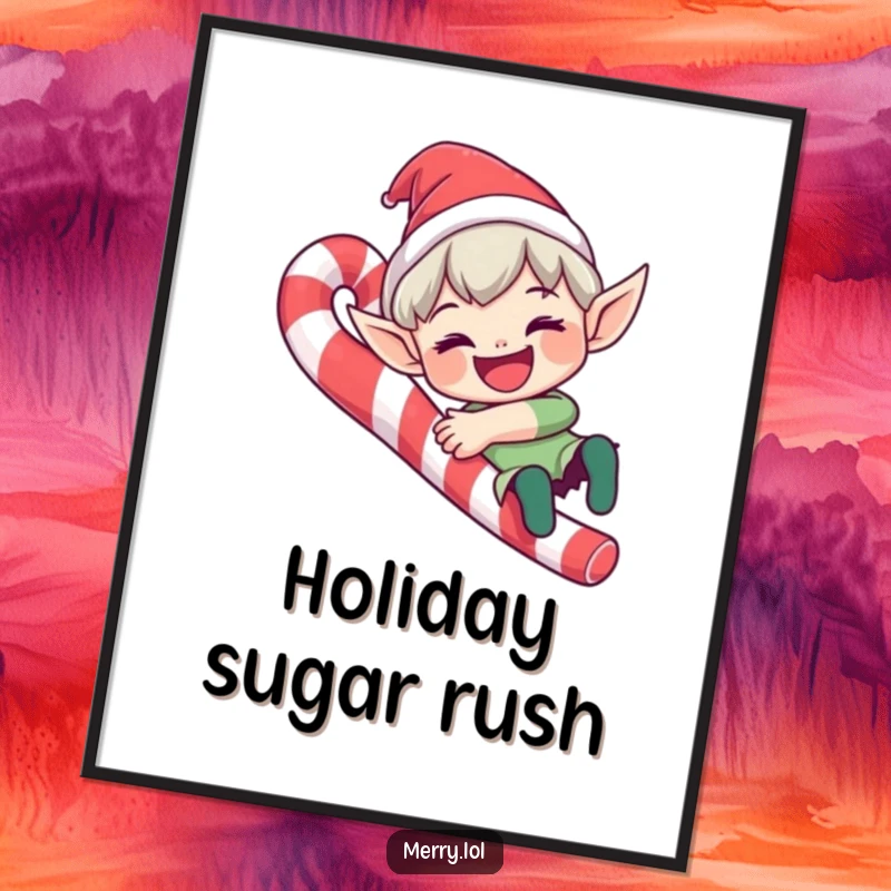 Funny elf character digital art print sliding down a candy cane with a wide grin, offering instant festive decor.