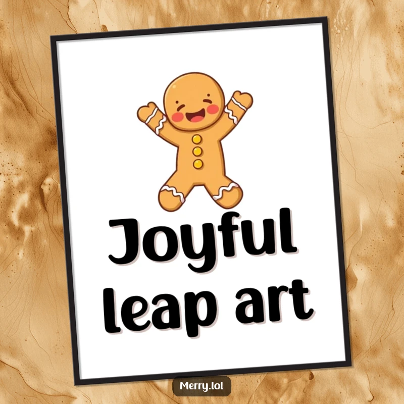 Funny Gingerbread Man Digital Art Print, a jubilant character leaping with pure holiday excitement.