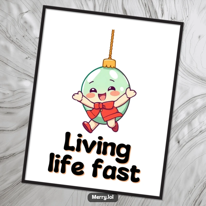 Funny digital art print of a delighted Christmas ornament character doing a dizzying spin, radiating holiday joy.