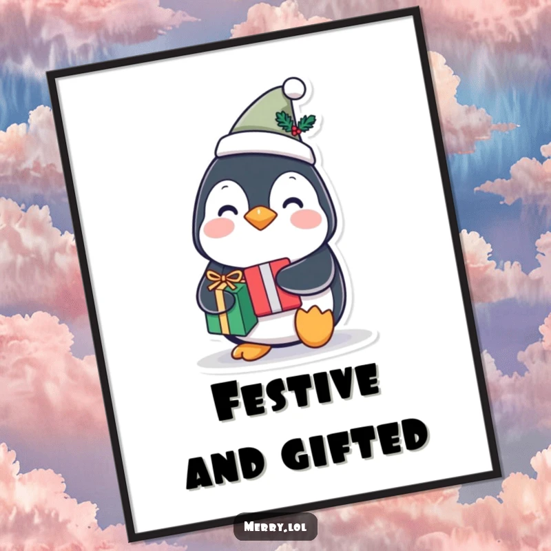 Funny penguin character digital art print wearing a tiny festive hat and holding a gift, offering instant festive decor.