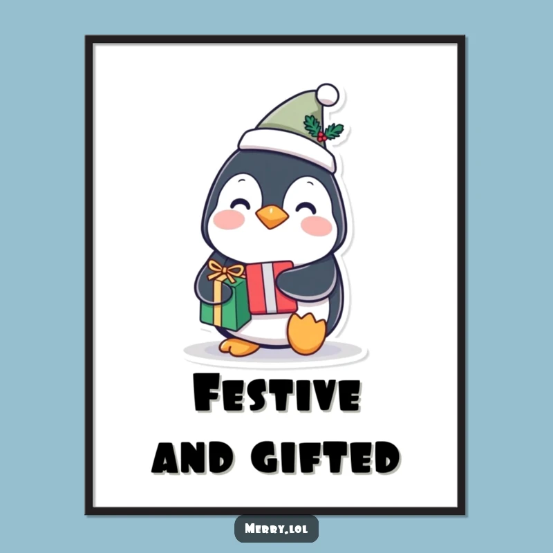 Funny Penguin Gift Digital Art: Festive Joy, Instantly Downloadable Funny Gift for Art Lovers