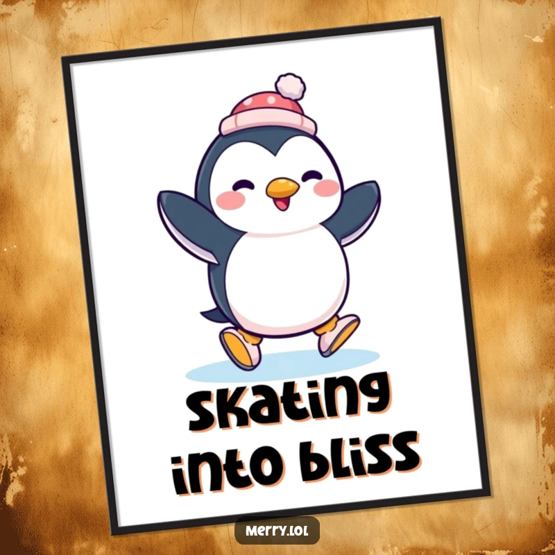 Funny penguin ice skating with a tiny hat, as a downloadable digital art print, adding humorous charm to any room.