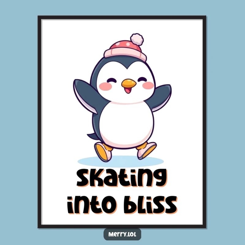 Funny Penguin Ice Skating Digital Print: Instant Joyful Wall Decor Gift
