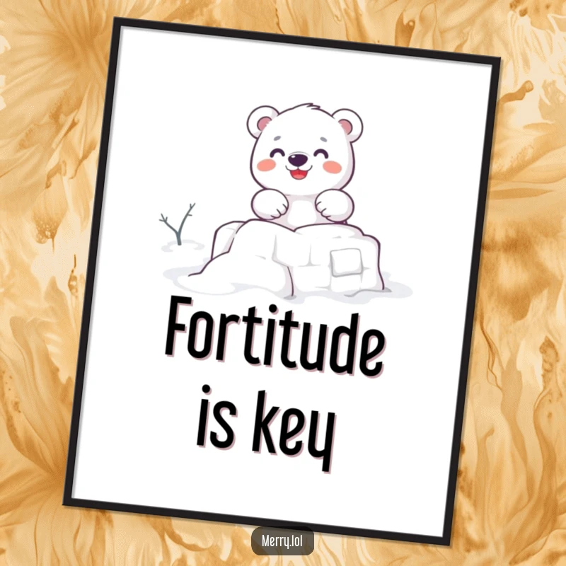 Funny digital art print of a cute polar bear character enthusiastically building a snow fort, radiating winter cheer and playful fun.