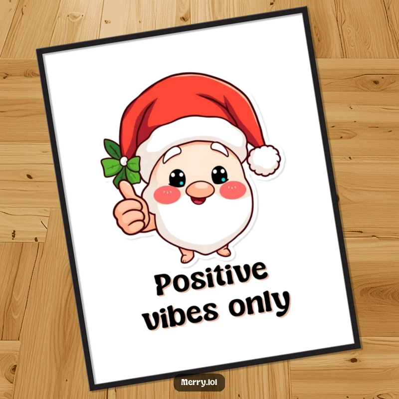 Funny digital art print of a Merry Santa hat character giving a jolly thumbs up gesture, radiating holiday cheer.