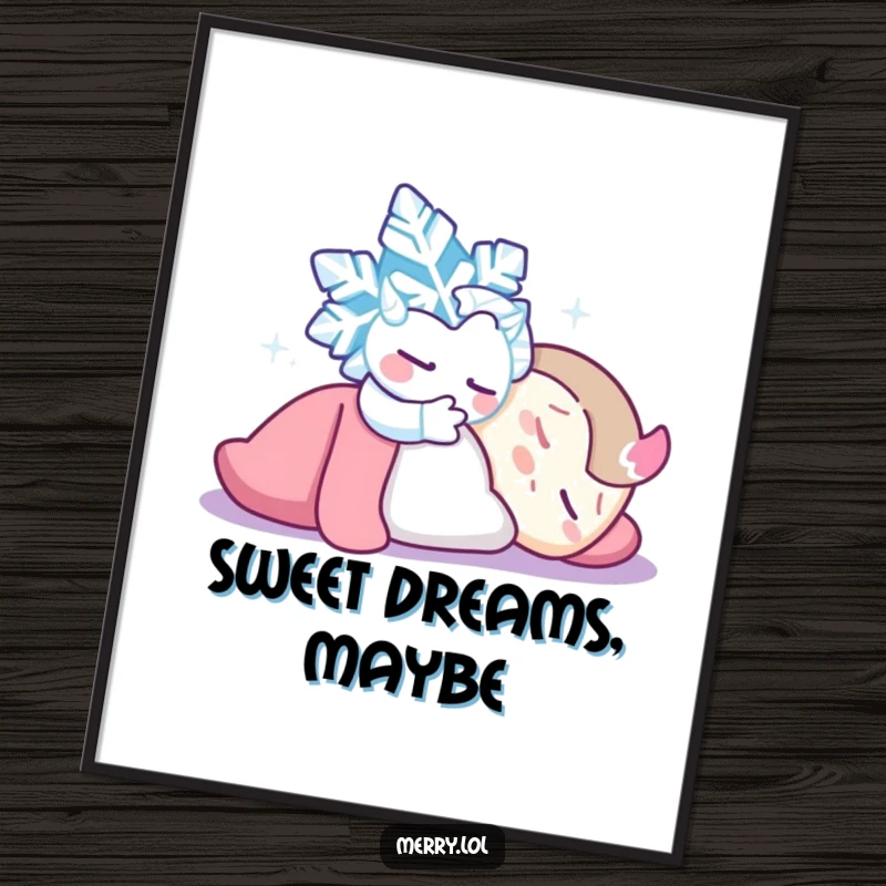 Funny Snowflake Tickle Digital Art Print: A mischievous snowflake tickling a sleeping character. Charming and easy to display. Art.