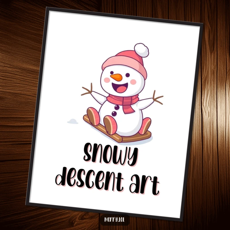 Funny Snowman Digital Art Print showcasing a smiling character sliding down a snowy hill, an instant downloadable decoration for winter-themed rooms.