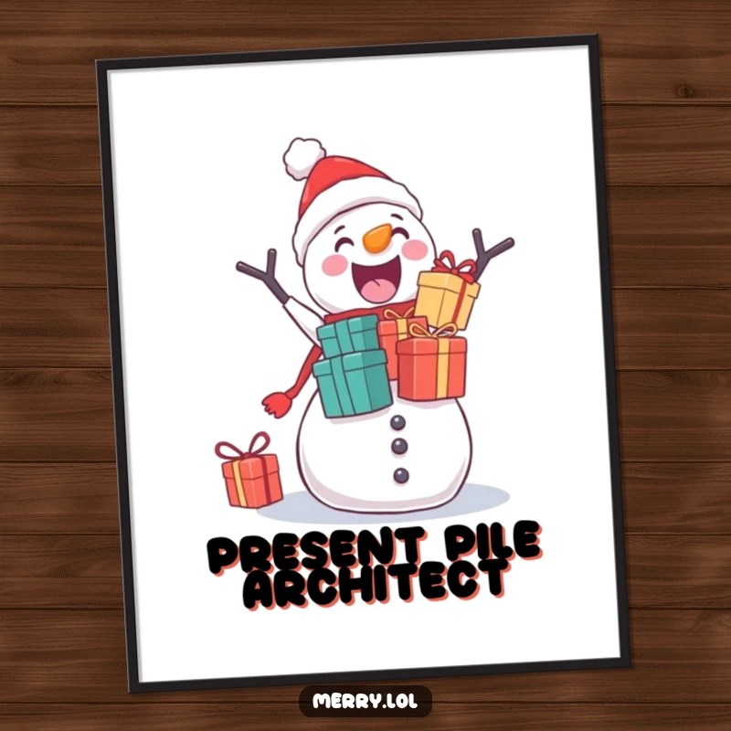 Funny digital art print of an excited snowman precariously stacking multiple Christmas gifts, radiating holiday joy.