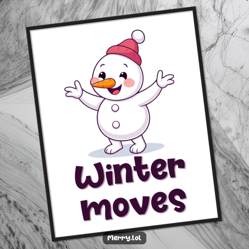 Funny snowman character digital art print performing a clumsy jig with a carrot nose, offering instant winter decor.