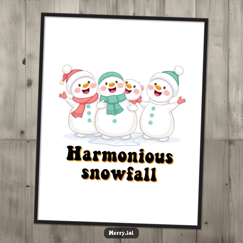 Funny cute snowmen holding hands and singing joyfully as a digital art print, bringing instant winter cheer.
