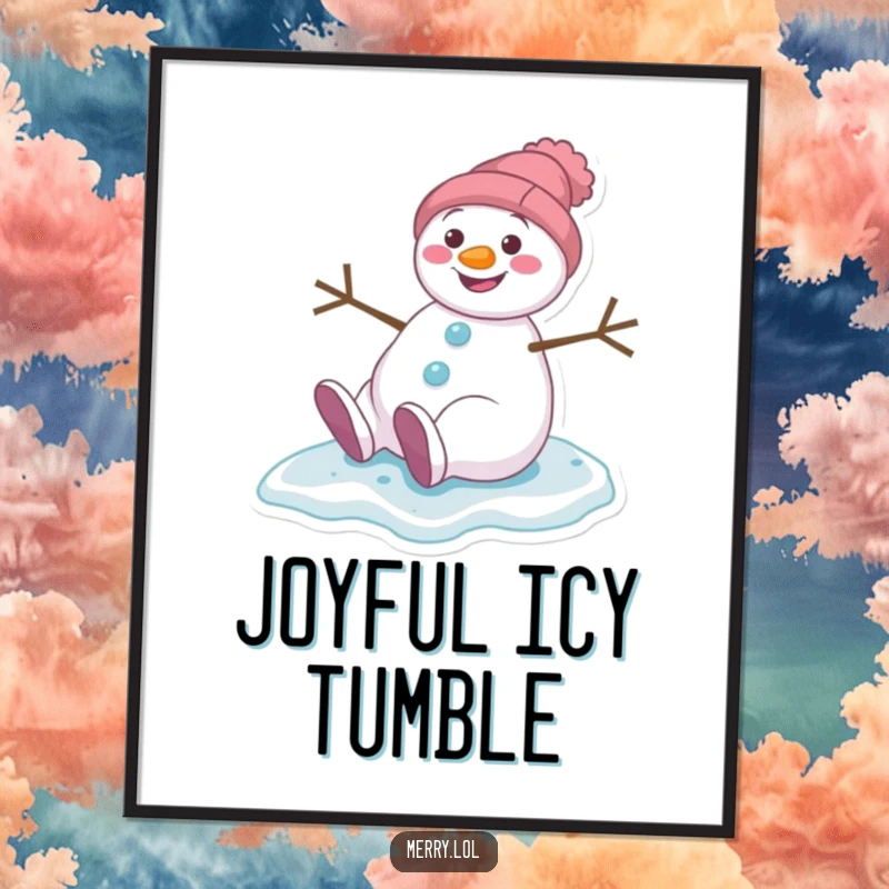 Funny digital art print of a grinning snowman character slipping on ice, perfect for instant, humorous winter decor.