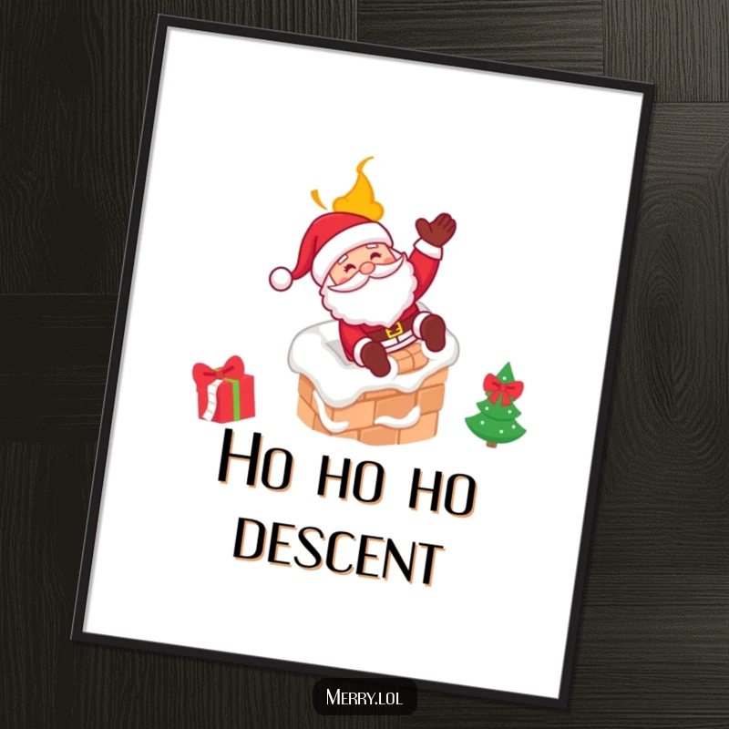 Funny Santa digital art print showing Santa joyfully sliding down a chimney with a merry wink, perfect for instant decor.