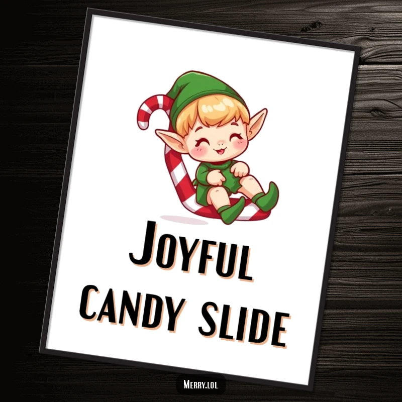 Funny digital art print of a cute elf character sliding down a candy cane, perfect for instant, humorous holiday decor.
