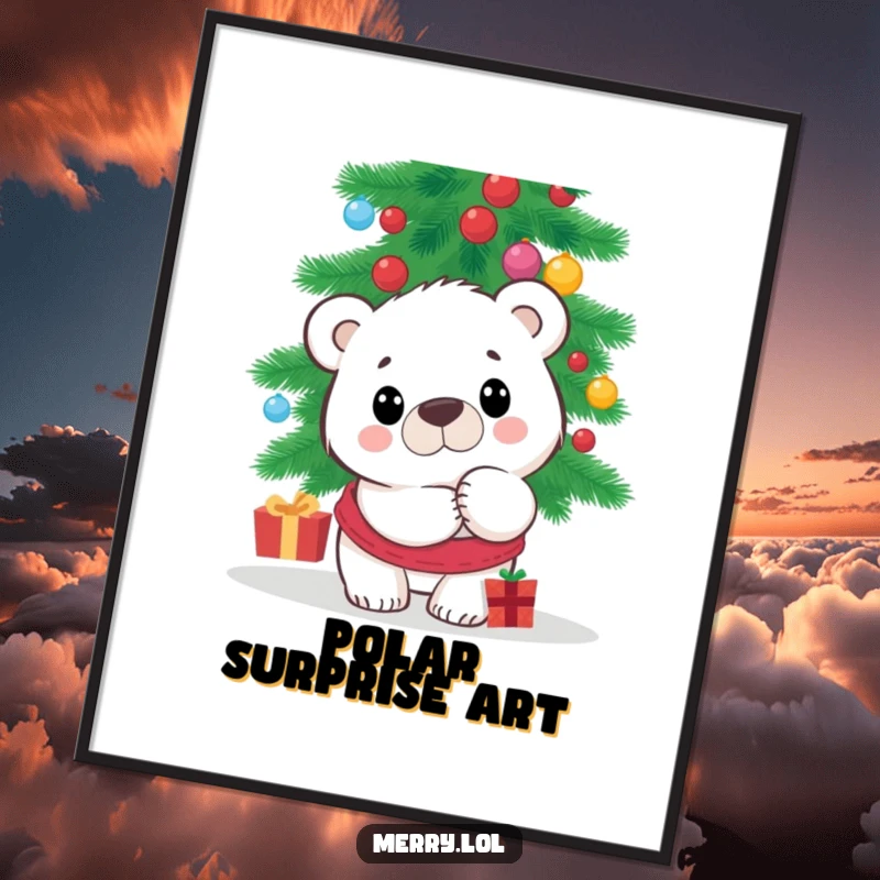 Funny Polar Bear Digital Art Print showcasing a surprised character peeking from behind a Christmas tree, an instant downloadable decoration for holiday rooms.